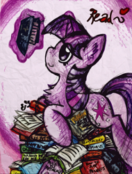 Size: 1100x1451 | Tagged: safe, artist:iroxykun, derpibooru import, twilight sparkle, book, chest fluff, library, pile, read, solo