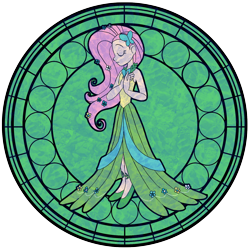 Size: 1600x1600 | Tagged: safe, artist:trinityinyang, fluttershy, human, clothes, dive to the heart, dress, gala dress, humanized, kingdom hearts, solo, stained glass