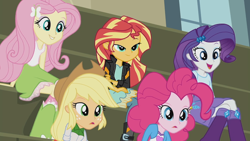 Size: 1280x720 | Tagged: safe, screencap, applejack, fluttershy, pinkie pie, rarity, sunset shimmer, equestria girls, friendship games, bleachers, boots, chs rally song, clothes, cowboy hat, freckles, hat, high heel boots, jacket, jewelry, leather jacket, lidded eyes, skirt, socks, stetson, tanktop