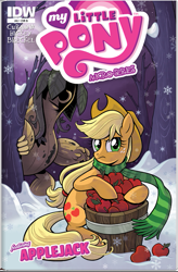 Size: 575x875 | Tagged: safe, artist:brendahickey, idw, applejack, earth pony, pony, spoiler:comic, apple, behind you, cover, monster, sass squash