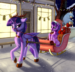 Size: 1500x1437 | Tagged: safe, artist:lightly-san, starlight glimmer, twilight sparkle, twilight sparkle (alicorn), alicorn, pony, unicorn, antlers, bridle, christmas, christmas lights, duo, female, floppy ears, harness, hat, holiday, mare, night, reindeer antlers, reins, santa hat, sleigh, smiling, snow, snowfall, tack, twilight is not amused, unamused, unshorn fetlocks, winter