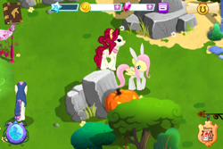 Size: 960x640 | Tagged: safe, bon bon, cherry jubilee, fluttershy, sweetie drops, pegasus, pony, bunny costume, bunnyshy, clothes, costume, cute, diabetes, gameloft, nightmare night