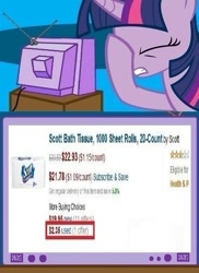 Size: 561x771 | Tagged: safe, derpibooru import, twilight sparkle, amazon.com, exploitable meme, facehoof, fail, meme, toilet paper, tv meme