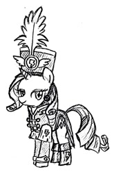 Size: 675x1024 | Tagged: safe, artist:tebasaki, rarity, pony, unicorn, testing testing 1-2-3, ancient wonderbolts uniform, black and white, clothes, female, grayscale, hat, mare, monochrome, sgt. rarity, shako, simple background, solo, traditional art, uniform