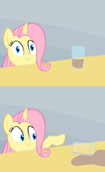 Size: 500x818 | Tagged: safe, fluttershy, alicorn, pony, chocolate milk, everything is ruined, exploitable meme, fluttercorn, meme, pure unfiltered evil, race swap, spill, spilled milk