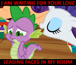 Size: 671x572 | Tagged: safe, screencap, rarity, spike, dragon, pony, unicorn, female, image macro, los pericos, male, meme, music, shipping, song reference, sparity, straight, wating for your love