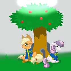 Size: 894x894 | Tagged: safe, artist:tomcullen, applejack, sweetie belle, earth pony, pony, unicorn, fallout equestria, alternate cutie mark, apple, apple tree, clothes, fanfic, fanfic art, female, floppy ears, food, hat, hooves, horn, mare, ministry mares, pipbuck, sitting, stable, stable 2, tree, vault suit