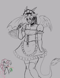 Size: 2550x3300 | Tagged: safe, artist:zabchan, discord, pinkie pie, human, princess twilight sparkle (episode), season 4, clothes, crossdressing, frilly, gray background, grayscale, hopping on the bandwagon, humanized, maid, maid discord, male, monochrome, partial color, simple background, solo focus