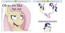 Size: 823x420 | Tagged: safe, bon bon, fluttershy, rarity, sweetie belle, sweetie drops, pegasus, pony, unicorn, exploitable meme, juxtaposition, juxtaposition win, magical lesbian spawn, meme, meta, offspring, shipping