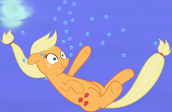 Size: 954x622 | Tagged: safe, artist:halflingpony, applejack, earth pony, pony, bubble, drowning, holding breath, solo, underwater, wip