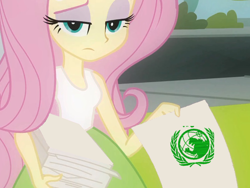 Size: 800x600 | Tagged: safe, edit, edited screencap, screencap, fluttershy, equestria girls, equestria girls (movie), exploitable meme, godzilla (series), meme, paper, solo, ungcc, unimpressed