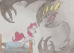 Size: 2194x1573 | Tagged: safe, artist:datte-before-dawn, pinkie pie, earth pony, pony, :p, bed, eyes closed, monster, nightmare, smiling, solo, tongue out, traditional art