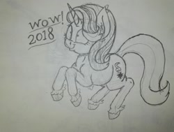 Size: 2346x1770 | Tagged: safe, artist:paskanaakka, derpibooru exclusive, starlight glimmer, pony, unicorn, 2018, :t, female, happy new year 2018, leg fluff, mare, meme, monochrome, shrunken pupils, sketch, smiling, solo, traditional art, unshorn fetlocks, wide eyes, wow, wow! glimmer