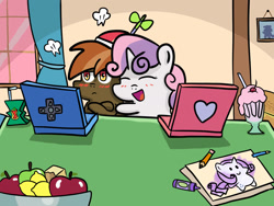 Size: 1600x1200 | Tagged: safe, artist:yichiau, button mash, rarity, sweetie belle, pony, unicorn, blushing, chibi, computer, female, hug, juice box, laptop computer, male, milkshake, shipping, straight, style emulation, sweetiemash