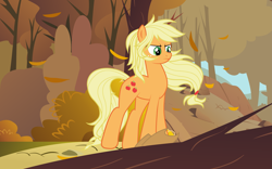 Size: 5133x3208 | Tagged: safe, artist:bigccv, applejack, earth pony, pony, forest, leaves, loose hair, solo, windswept mane