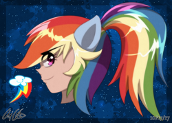 Size: 3010x2151 | Tagged: safe, artist:aloubell, derpibooru import, rainbow dash, human, bust, eared humanization, humanized, ponytail, portrait