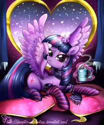 Size: 1000x1200 | Tagged: safe, artist:daughter-of-fantasy, derpibooru import, twilight sparkle, twilight sparkle (alicorn), alicorn, pony, best princess, clothes, coffee mug, female, heart shaped, magic, mare, mug, pillow, scarf, snow, snowfall, socks, solo, striped socks