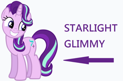 Size: 814x537 | Tagged: safe, starlight glimmer, pony, unicorn, arrow, captain obvious, caption arrow, cute, female, glimmerbetes, glimmy, grin, looking back, mare, nickname, simple background, smiling, solo, squee, white background