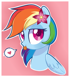 Size: 2000x2200 | Tagged: safe, artist:darkynez, derpibooru import, rainbow dash, pegasus, pony, :p, bedroom eyes, bust, cute, dashabetes, flower, flower in hair, heart, pictogram, pink background, rainbow dash always dresses in style, silly, simple background, solo, speech bubble, tongue out