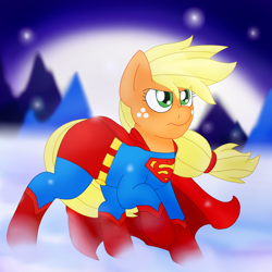 Size: 1600x1600 | Tagged: safe, artist:blackbewhite2k7, applejack, earth pony, pony, app-el, crossover, man of steel, parody, snow, snowfall, solo, superman, supermare