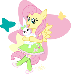 Size: 1466x1535 | Tagged: safe, artist:meganlovesangrybirds, angel bunny, fluttershy, pegasus, pony, clothes, equestria girls outfit