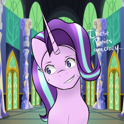 Size: 1024x1024 | Tagged: safe, artist:dazion1999, starlight glimmer, pony, unicorn, dialogue, grin, nervous, nervous grin, smiling, solo, sweatdrop, twilight's castle