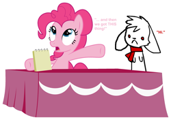 Size: 2879x2030 | Tagged: safe, artist:synch-anon, artist:twiforce, pinkie pie, earth pony, pony, castle mane-ia, season 4, notepad, table, text