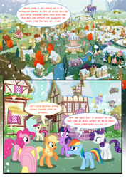 Size: 3500x4951 | Tagged: safe, artist:light262, applejack, cloud kicker, fluttershy, pinkie pie, rainbow dash, rarity, roseluck, twilight sparkle, twilight sparkle (alicorn), alicorn, earth pony, pegasus, pony, unicorn, comic:timey wimey, comic, female, mane six, mare, ponyville, snow, snowfall