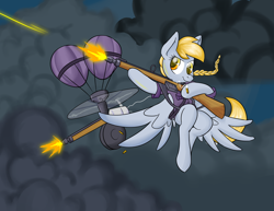 Size: 1650x1275 | Tagged: safe, artist:zanezandell, derpy hooves, pegasus, pony, bioshock infinite, clothes, crossover, female, flying, gun, mare, rifle, shirt, solo, weapon