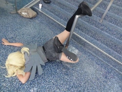 Size: 960x720 | Tagged: safe, artist:tiny rage cosplay, derpy hooves, human, ass, clothes, cosplay, faceplant, irl, irl human, leg, legs, photo, socks, solo, wings