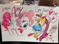 Size: 568x426 | Tagged: safe, artist:john kricfalusi, pinkie pie, crossover, fart, photo, ren and stimpy, ren hoek, stimpy, traditional art, twitter