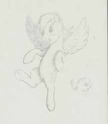 Size: 2423x2775 | Tagged: safe, artist:age3rcm, artist:mattings, derpy hooves, oc, oc:creega message, pegasus, pony, female, hooves, mare, monochrome, spread wings, traditional art