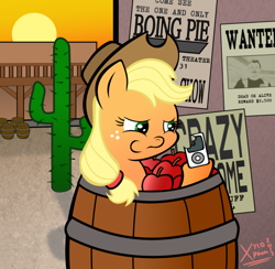 Size: 904x883 | Tagged: safe, artist:xylophon, applejack, earth pony, pony, apple, apple (company), barrel, ipod, solo, wat