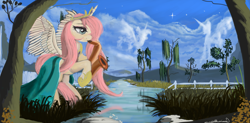 Size: 8907x4372 | Tagged: safe, artist:auroriia, fluttershy, alicorn, pony, absurd resolution, alicornified, cape, clothes, cloud, cloudy, crown, fence, fluttercorn, musical instrument, princess, race swap, river, saxophone, scenery, solo, stars, tree