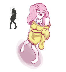 Size: 700x761 | Tagged: safe, artist:romanrazor, fluttershy, human, barefoot, bottomless, clothes, feet, high angle, humanized, off shoulder, off shoulder sweater, solo, sweater, sweatershy