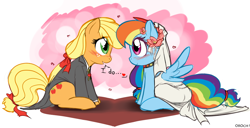 Size: 1250x640 | Tagged: safe, artist:0r0ch1, derpibooru import, applejack, rainbow dash, earth pony, pegasus, pony, appledash, blushing, clothes, dress, female, flower, lesbian, marriage, shipping, wedding