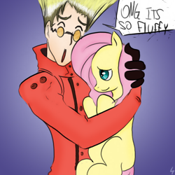 Size: 600x600 | Tagged: safe, artist:apple-07, artist:dariathedevil, fluttershy, human, colored, crossover, hug, trigun, vash the stampede