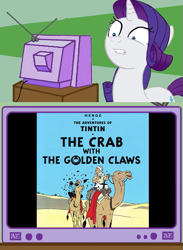 Size: 563x771 | Tagged: safe, rarity, camel, crab, pony, unicorn, captain haddock, disturbed rarity, exploitable meme, giant crab, meme, milou, obligatory pony, rarity fighting a giant crab, snowy, the adventures of tintin, the crab with the golden claws, tintin, tv meme