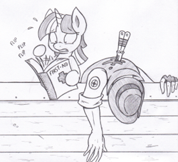 Size: 300x272 | Tagged: safe, artist:joey darkmeat, derpibooru import, twilight sparkle, backstab, blood, first aid, monochrome, sniper, spy check, spycheck failed, team fortress 2, traditional art