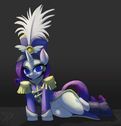 Size: 1211x1255 | Tagged: safe, artist:raikoh, rarity, pony, unicorn, testing testing 1-2-3, ancient wonderbolts uniform, clothes, female, gray background, hat, looking at you, mare, on side, sgt. rarity, shako, simple background, solo, uniform