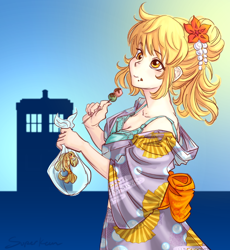 Size: 822x895 | Tagged: safe, artist:superkeen, derpy hooves, human, alternate hairstyle, bra, clothes, dango, deshabille, food, goldfish, humanized, kanzashi, mochi, simple background, tardis, underwear, updo, wardrobe malfunction, yukata