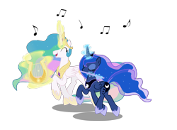 Size: 3500x2556 | Tagged: safe, artist:light262, princess celestia, princess luna, alicorn, pony, cute, cutelestia, eyes closed, flute, happy, high res, lyre, magic, music notes, musical instrument, open mouth, prancing, simple background, smiling, telekinesis, transparent background, trotting, vector
