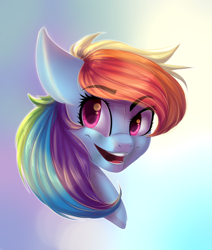 Size: 1024x1210 | Tagged: dead source, safe, artist:freckleplant, derpibooru import, rainbow dash, pegasus, pony, bust, eye clipping through hair, portrait, solo