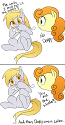 Size: 653x1258 | Tagged: safe, artist:the-orator, carrot top, derpy hooves, golden harvest, pegasus, pony, derpception, doom: repercussions of evil, eating, female, mare, nom, paper