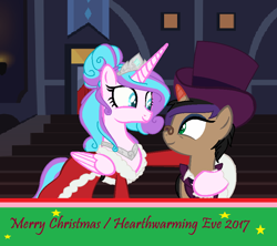 Size: 862x766 | Tagged: safe, artist:obeliskgirljohanny, princess flurry heart, snowfall frost, starlight glimmer, oc, oc:scaryboo, pony, unicorn, base used, eyeshadow, hearth's warming eve, looking at each other, makeup, obdessaverse, older, older flurry heart, parent:oc:obelisk, parent:oc:witch hazel, parent:princess cadance, parent:shining armor, parents:oc x oc, reference