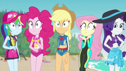 Size: 1920x1080 | Tagged: safe, derpibooru import, screencap, applejack, fluttershy, pinkie pie, rainbow dash, rarity, better together, equestria girls, forgotten friendship, clothes, humane five, sports bra, surprised, swimsuit