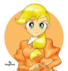 Size: 1600x1676 | Tagged: safe, artist:nancysauria, applejack, braid, clothes, dress, female, freckles, humanized, looking at you, signature, smiling, solo