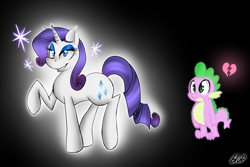 Size: 1075x716 | Tagged: safe, artist:blup-chan, rarity, spike, dragon, pony, unicorn, black background, heart, heartbreak, simple background