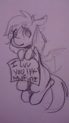 Size: 719x1280 | Tagged: safe, artist:krispykakes, derpy hooves, pegasus, pony, female, mare, monochrome, sign, sketch, solo, traditional art