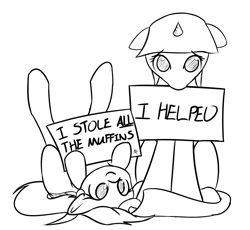 Size: 1613x1481 | Tagged: safe, artist:manicpanda, derpy hooves, twilight sparkle, pegasus, pony, female, legs in air, mare, monochrome, on back, pony shaming, sign, smiling